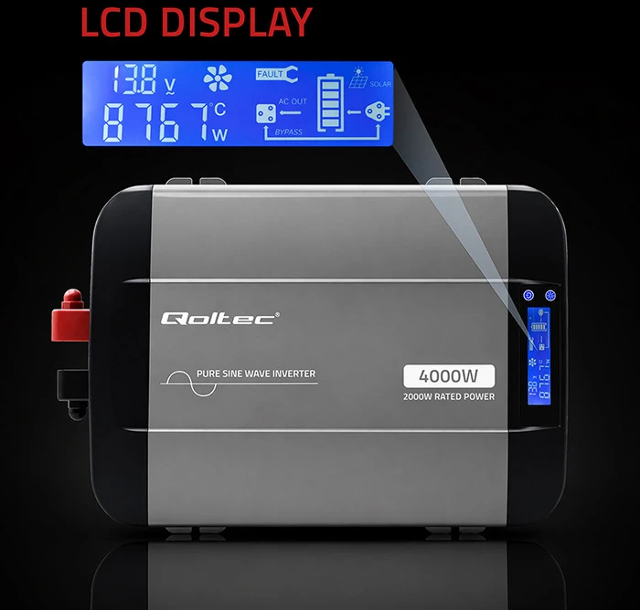 Qoltec keitiklis su LCD ekranu ir techniniais parametrais