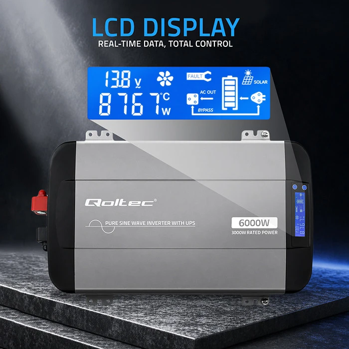 Qoltec Pure Sine Wave | 12V na 230V | 3000/6000W | UPS BYPASS