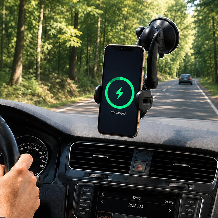 QOLTEC 51219 Indukcinis automobilinis įkroviklis Pro su automobiliniu laikikliu iR 15W QC3.0 USB C