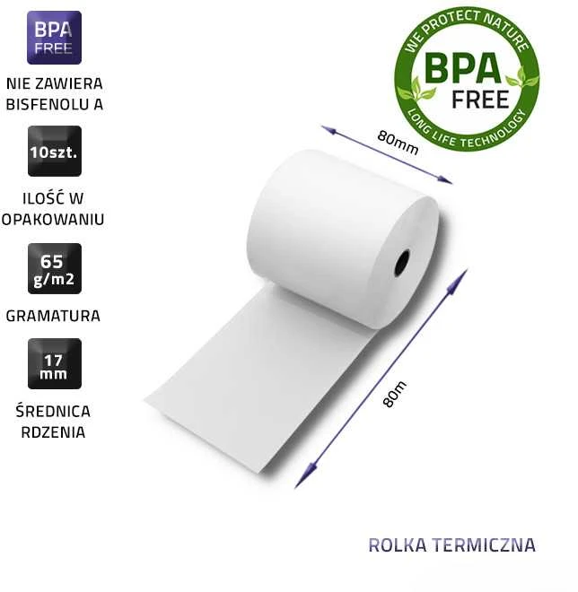Qoltec Thermal ritinys 80 x 80 | 65g/m2 | 10vnt. | Be BPA
