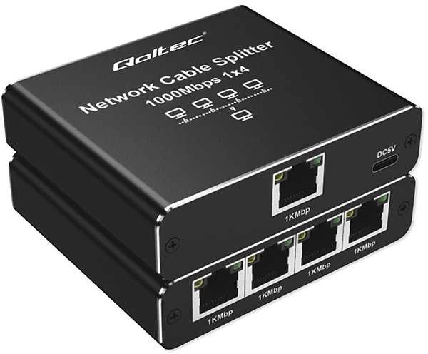 Šakotuvas „Qoltec Rozdzielacz“ skirstytuvas Ethernet mini jungiklis 1x4 RJ45 | 1000Mb/s | USB-C | Aliuminio