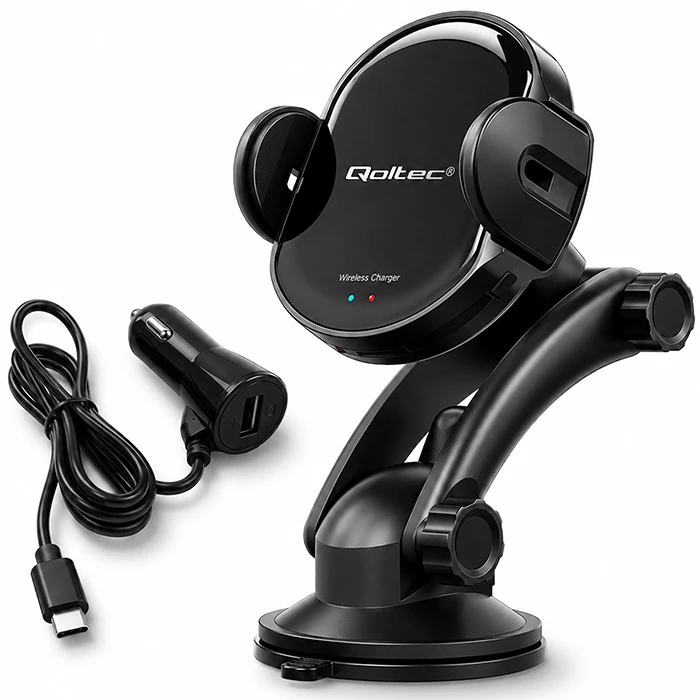 QOLTEC 51219 Indukcinis automobilinis įkroviklis Pro su automobiliniu laikikliu iR 15W QC3.0 USB C