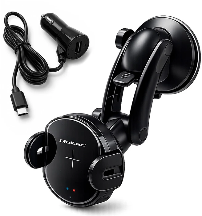 QOLTEC 51219 Indukcinis automobilinis įkroviklis Pro su automobiliniu laikikliu iR 15W QC3.0 USB C