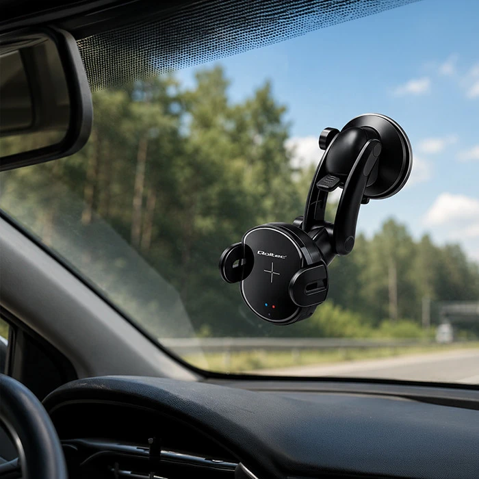 QOLTEC 51219 Indukcinis automobilinis įkroviklis Pro su automobiliniu laikikliu iR 15W QC3.0 USB C