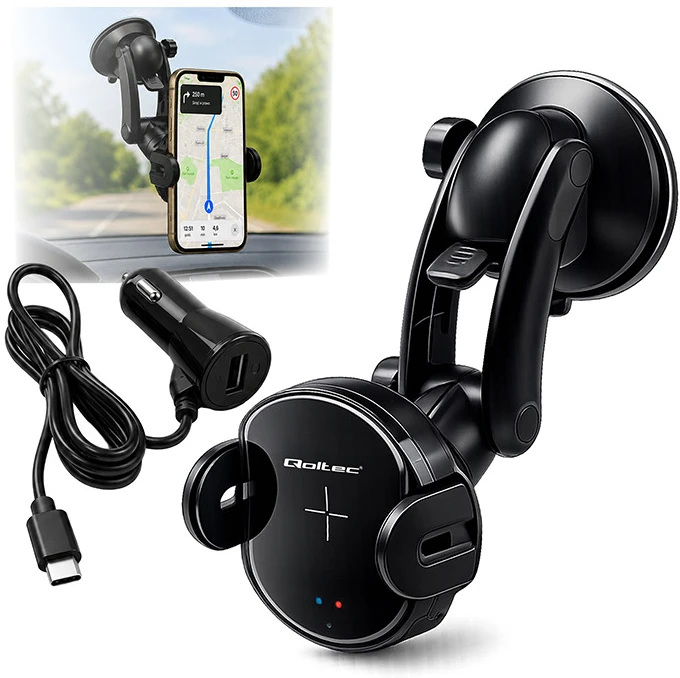 QOLTEC 51219 Indukcinis automobilinis įkroviklis Pro su automobiliniu laikikliu iR 15W QC3.0 USB C