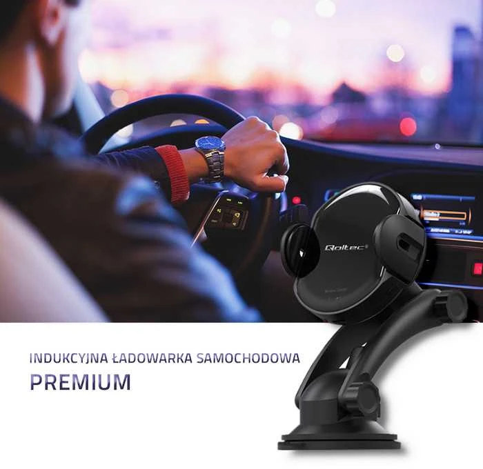 QOLTEC 51219 Indukcinis automobilinis įkroviklis Pro su automobiliniu laikikliu iR 15W QC3.0 USB C