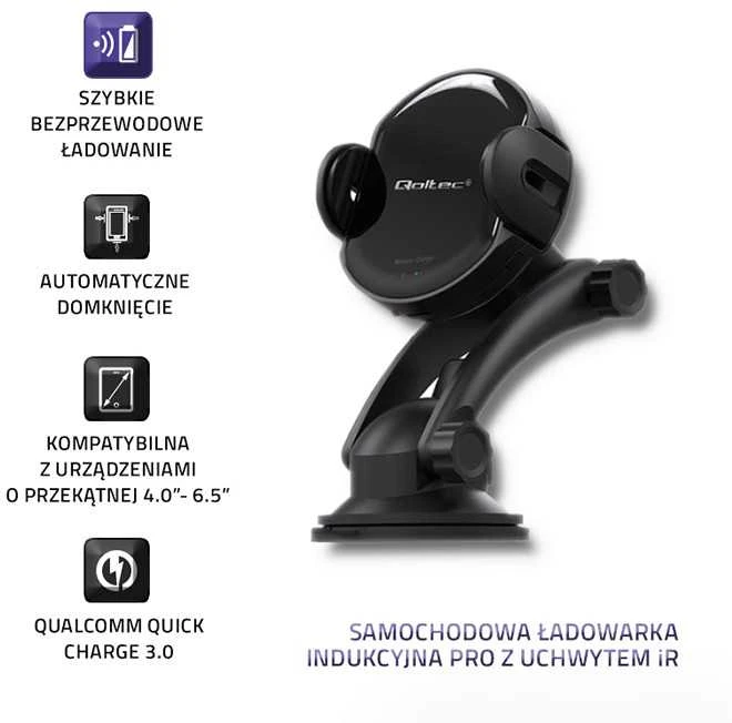 QOLTEC 51219 Indukcinis automobilinis įkroviklis Pro su automobiliniu laikikliu iR 15W QC3.0 USB C