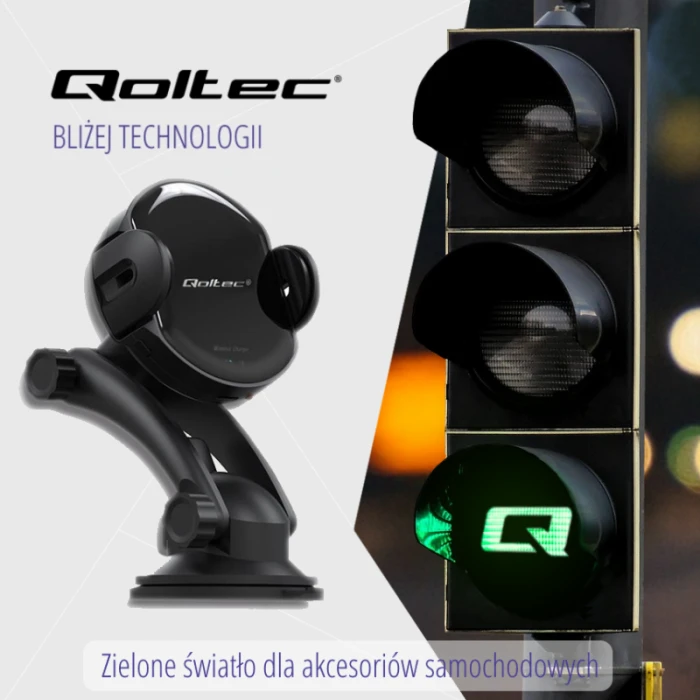 QOLTEC 51219 Indukcinis automobilinis įkroviklis Pro su automobiliniu laikikliu iR 15W QC3.0 USB C