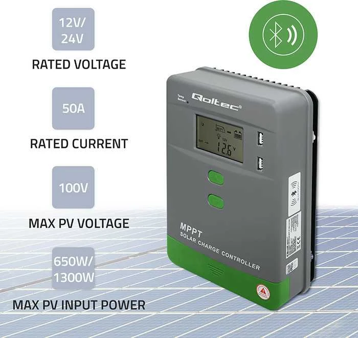 Qoltec 53664 Saulės įkrovimo valdiklis MPPT su temperatūros jutikliu 50A | 12V / 24V | LCD | Bluetooth | Programėlė | GEL | LiFePO4