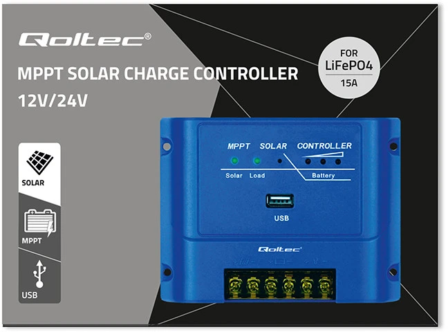 „Qoltec MPPT 15A“ saulės įkrovimo valdiklis, skirtas maitinti nuolatinės srovės imtuvus ir įkrauti 12 V / 24 V | LiFePO4 akumuliatorius