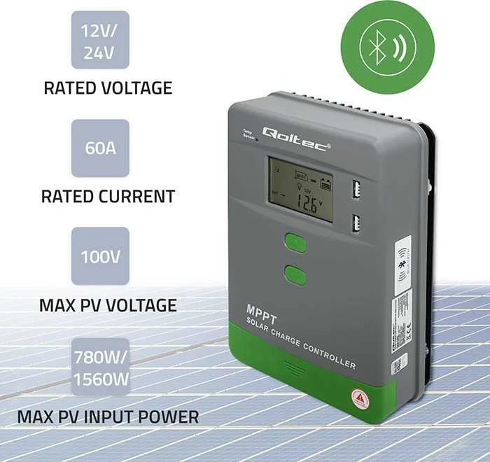 „Qoltec MPPT“ saulės įkrovimo valdiklis su temperatūros jutikliu 60A | 12V / 24V | LCD | „Bluetooth“ | programėlė | gelis | LiFePO4