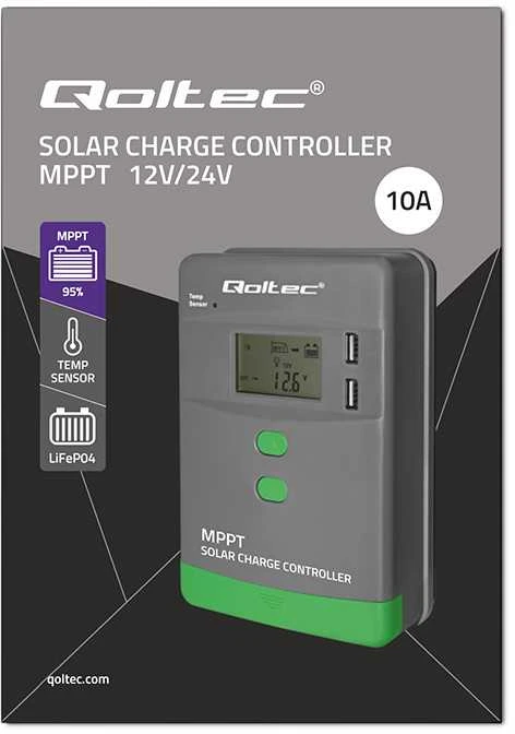 Qoltec MPPT saulės įkrovimo valdiklis 10A 12V/24V LCD 2xUSB