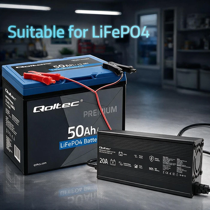 Qoltec Specializuotas LiFePO4 akumuliatoriaus įkroviklis 12V | 20A | PF 0.9 | LED | Protingas įkrovimas