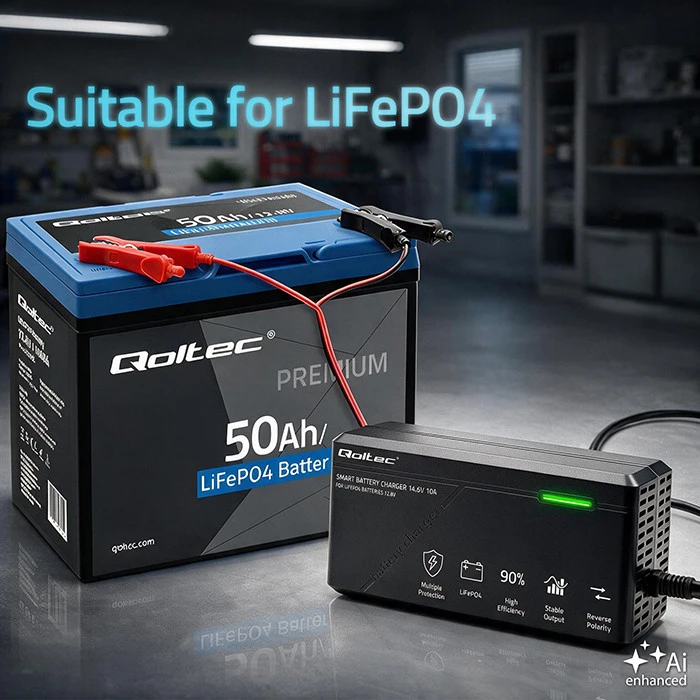 Qoltec Specjalistyczna kroviklis do akumulatora LiFePO4 12V | 10A | PF 0.9 | LED | Inteligentne ładowanie