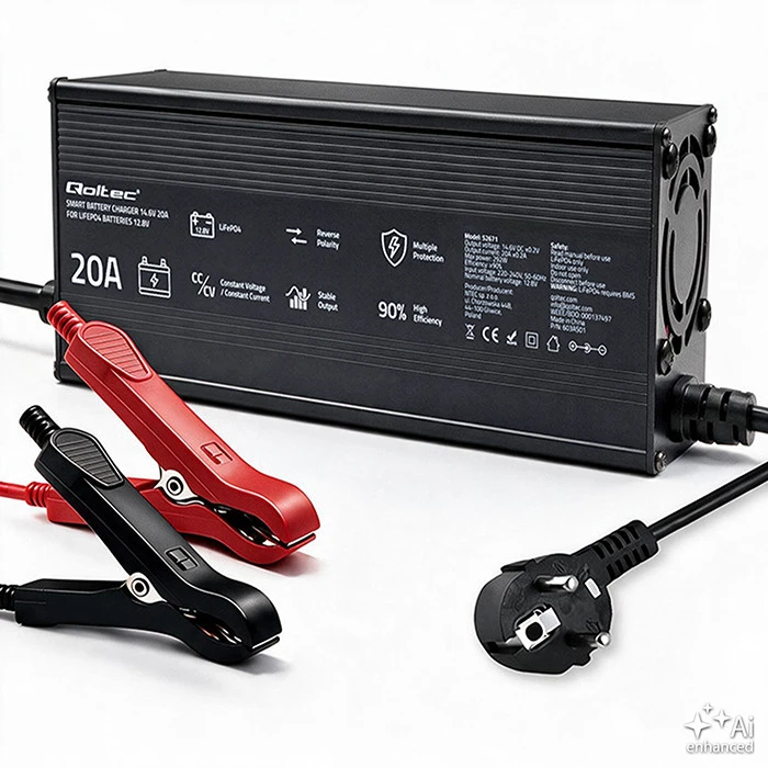 Qoltec Specializuotas LiFePO4 akumuliatoriaus įkroviklis 12V | 20A | PF 0.9 | LED | Protingas įkrovimas