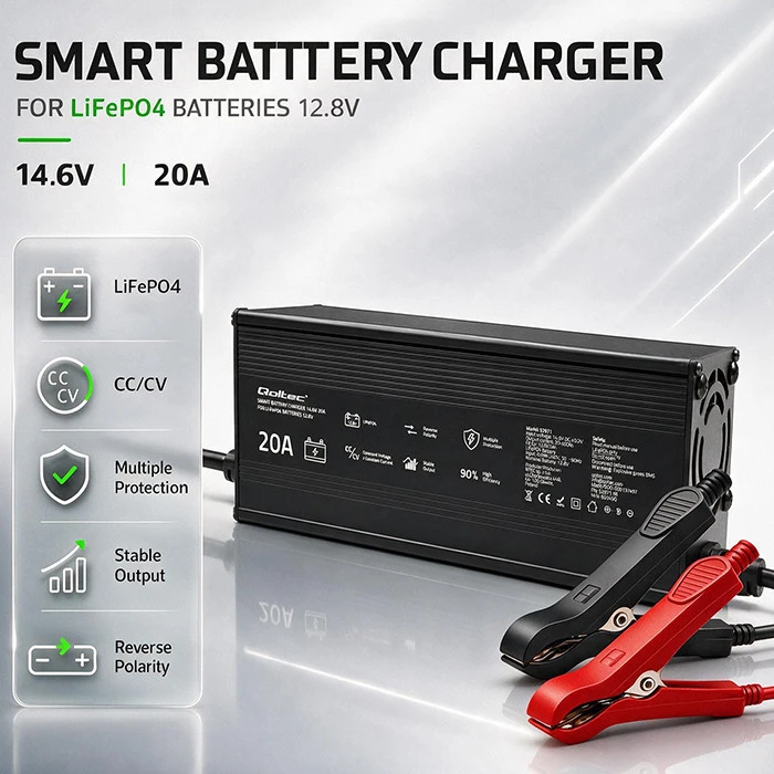 Qoltec Specializuotas LiFePO4 akumuliatoriaus įkroviklis 12V | 20A | PF 0.9 | LED | Protingas įkrovimas