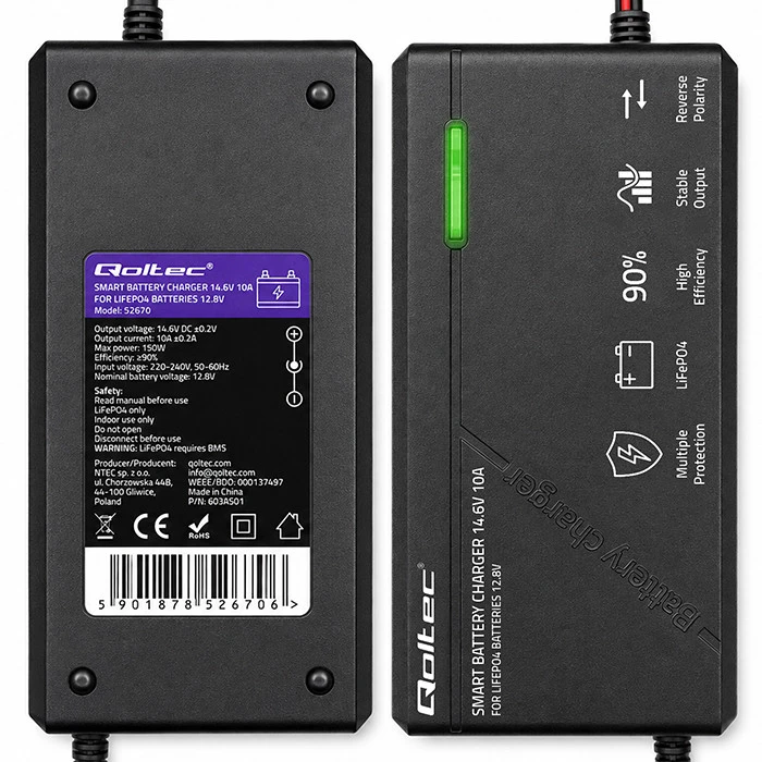 Qoltec Specjalistyczna kroviklis do akumulatora LiFePO4 12V | 10A | PF 0.9 | LED | Inteligentne ładowanie