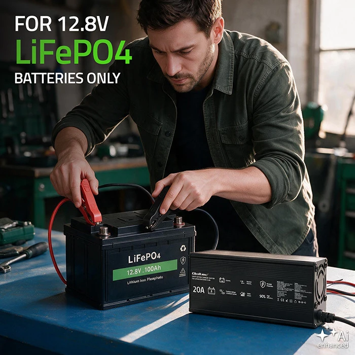 Qoltec Specializuotas LiFePO4 akumuliatoriaus įkroviklis 12V | 20A | PF 0.9 | LED | Protingas įkrovimas