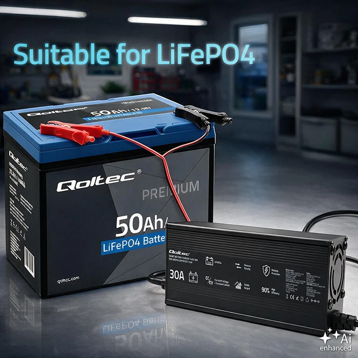 Qoltec Specjalistyczna kroviklis do akumulatora LiFePO4 12V | 30A | PF 0.9 | LED | Inteligentne ładowanie