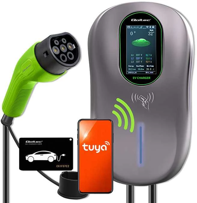 „Qoltec EV2w1 Type 2“ įkrovimo stotelė | 22 kW | „Wi-Fi“ | TUYA | LCD | RFID | 3 fazės | Sieninė dėžutė | 5 m