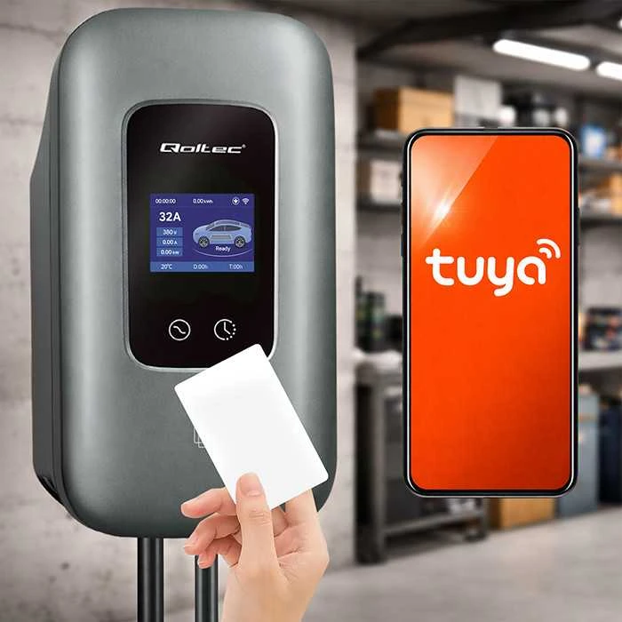 „Qoltec“ EV įkrovimo stotelė, 2 tipo, elektromobiliams ir hibridams | 3 fazės | 22 kW | 32 A | „Wi-Fi“ | LCD | RFID | Išmanusis gyvenimas | TUYA | Sieninė įkrovimo dėžutė | 5 m