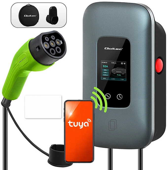 „Qoltec“ EV įkrovimo stotelė, 2 tipo, elektromobiliams ir hibridams | 3 fazės | 22 kW | 32 A | „Wi-Fi“ | LCD | RFID | Išmanusis gyvenimas | TUYA | Sieninė įkrovimo dėžutė | 5 m