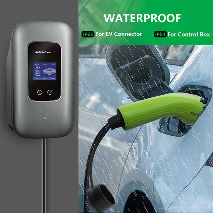 „Qoltec“ EV įkrovimo stotelė, 2 tipo, elektromobiliams ir hibridams | 3 fazės | 22 kW | 32 A | „Wi-Fi“ | LCD | RFID | Išmanusis gyvenimas | TUYA | Sieninė įkrovimo dėžutė | 5 m