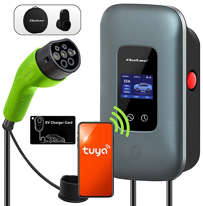 „Qoltec“ EV įkrovimo stotelė, 2 tipo, elektromobiliams ir hibridams | 3 fazės | 22 kW | 32 A | „Wi-Fi“ | LCD | RFID | Išmanusis gyvenimas | TUYA | Sieninė įkrovimo dėžutė | 5 m