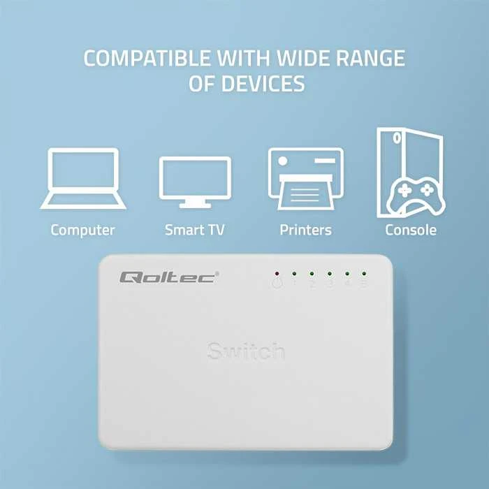 Šakotuvas Qoltec 52247 Tinklo jungiklis 5 x RJ45 prievadas | 1000Mbps | LAN