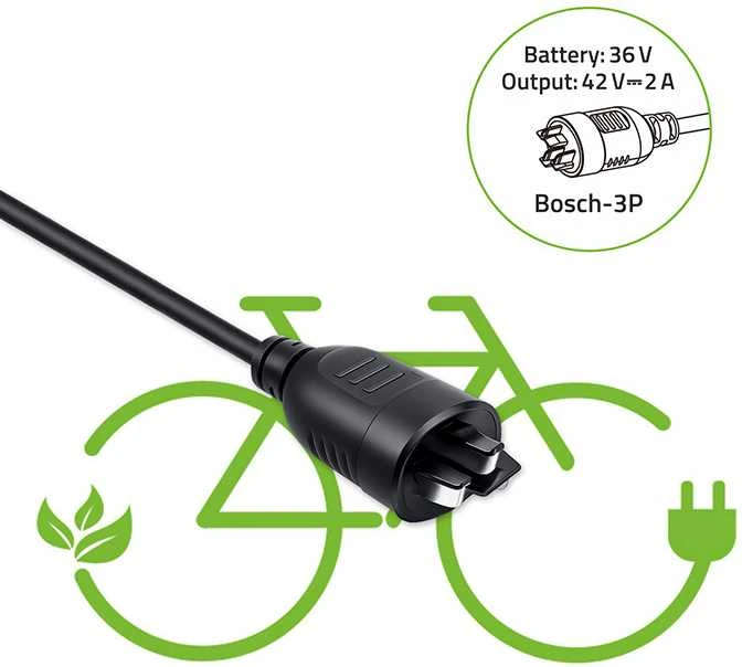 Qoltec 52613 Elektrinio dviračio įkroviklis 36 V | 42 V | 2 A | Bosch 3 kontaktų kištukas + maitinimo laidas