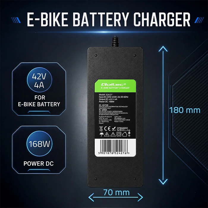 „Qoltec“ greitas įkroviklis elektriniam dviračiui ir paspirtukui, 36 V | 42 V | 4 A | „Bosch“ kištukas + maitinimo laidas