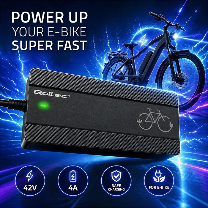 „Qoltec“ greitas įkroviklis elektriniam dviračiui ir paspirtukui, 36 V | 42 V | 4 A | „Bosch“ kištukas + maitinimo laidas