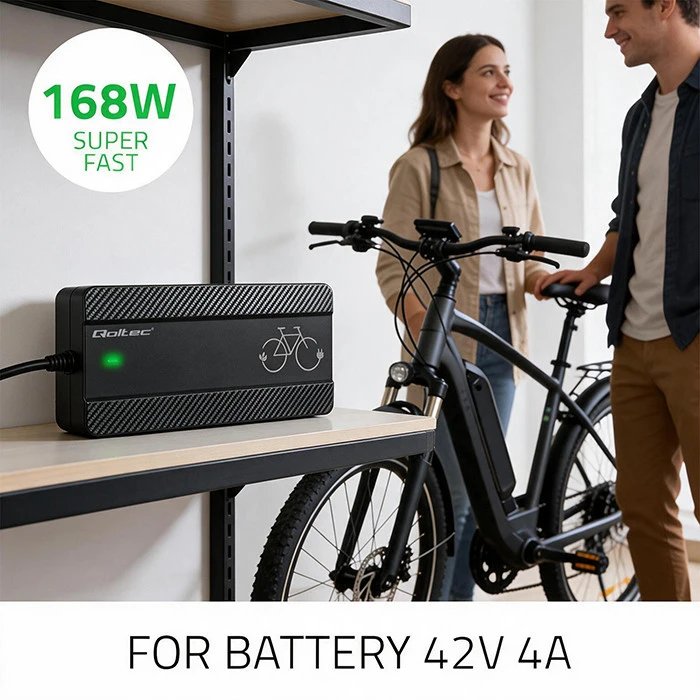 „Qoltec“ greitas įkroviklis elektriniam dviračiui ir paspirtukui, 36 V | 42 V | 4 A | „Bosch“ kištukas + maitinimo laidas