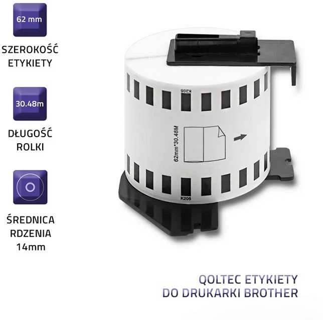 QOLTEC Tape for BROTHER DK-22205 62mm x 30.48m Baltas / Juodas overprint Volelis su rankena
