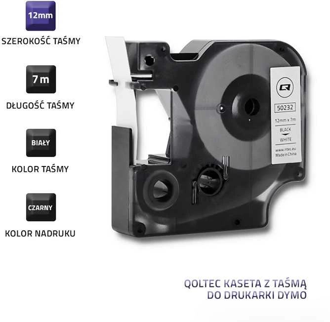 QOLTEC Tape for DYMO D1 45013 12mm x 7m Baltas / Juodas overprint