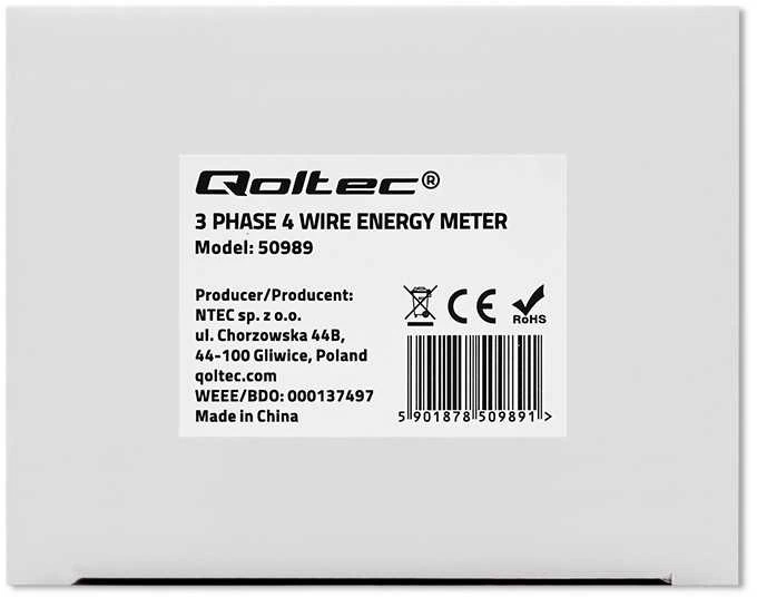 „Qoltec“ 3 fazių dvikryptis elektroninis skaitiklis | Energijos skaitiklis, montuojamas ant DIN bėgelio | 400 V | 100 A | LCD | 4P