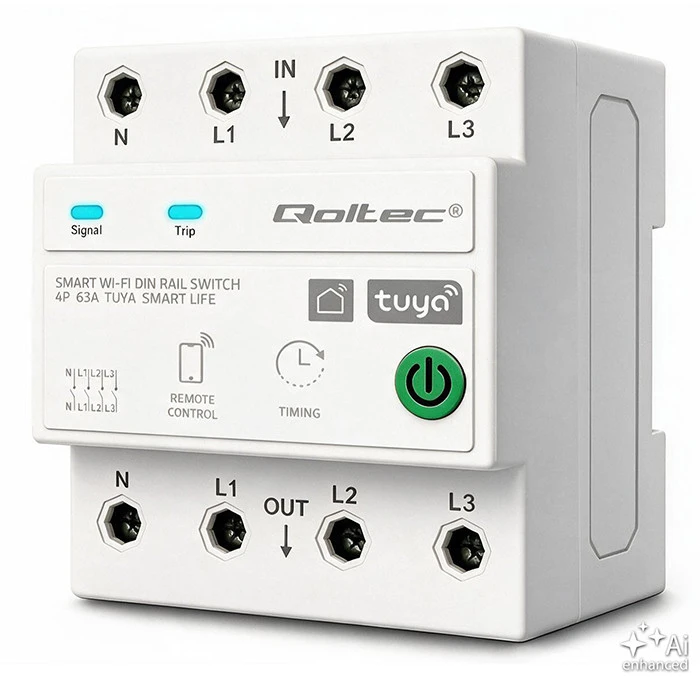 Qoltec Trójfazowy przekaźnik 63A na szynę DIN | 3P+N | Timer | Wi-Fi | Tuya | Smart Life | Amazon Alexa | 4P