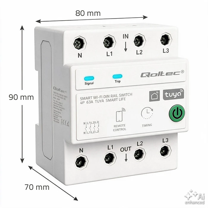 Qoltec Trifazė relė 63A ant DIN bėgelio | 3P+N | Laikmatis | Wi-Fi | Tuya | Smart Life | Amazon Alexa | 4P