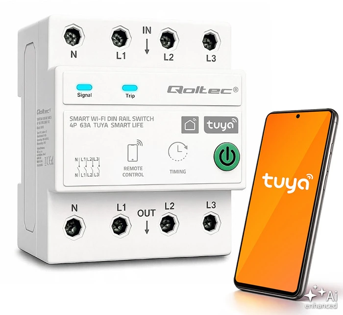 Qoltec Trójfazowy przekaźnik 63A na szynę DIN | 3P+N | Timer | Wi-Fi | Tuya | Smart Life | Amazon Alexa | 4P