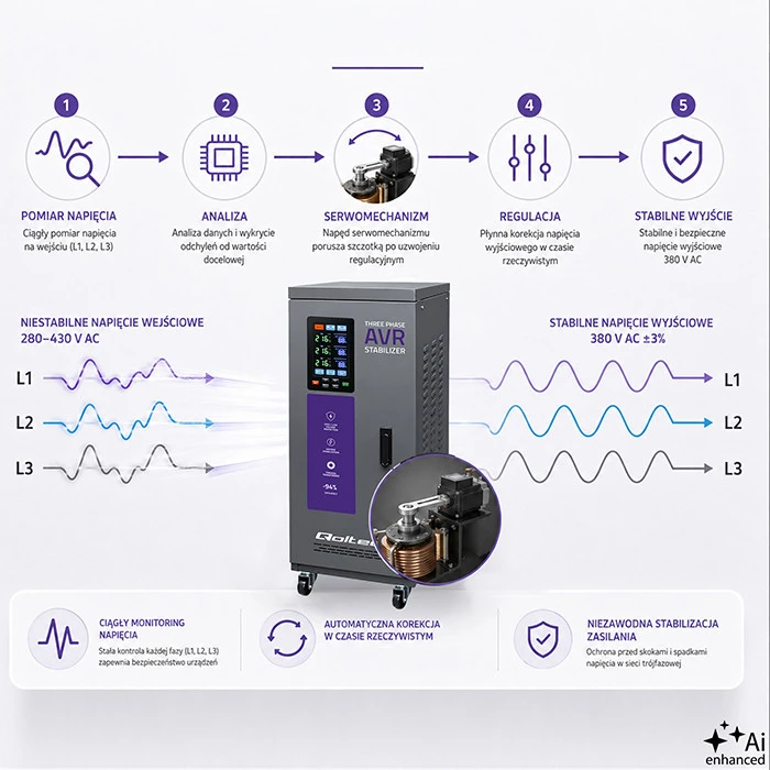 Qoltec Trójfazowy stabilizator napięcia AVR MULTIPROTECTION |15kVA | Dokładność ± 3% | Serwomotor 3F | LCD | Expert Line