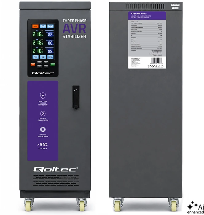Qoltec Trójfazowy stabilizator napięcia AVR MULTIPROTECTION | 40kVA | Dokładność ± 3% | Serwomotor 3F | LCD | Expert Line