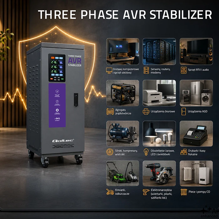 Qoltec Trójfazowy stabilizator napięcia AVR MULTIPROTECTION | 20kVA | Dokładność ± 3% | Serwomotor 3F | LCD | Expert Line
