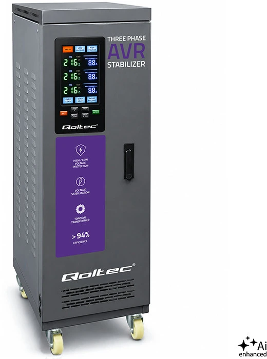 Qoltec Trójfazowy stabilizator napięcia AVR MULTIPROTECTION | 40kVA | Dokładność ± 3% | Serwomotor 3F | LCD | Expert Line