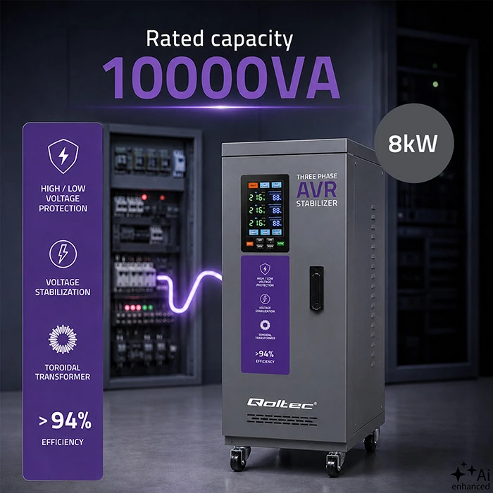 Qoltec Trójfazowy stabilizator napięcia AVR MULTIPROTECTION |10kVA | Dokładność ± 3% | Serwomotor 3F | LCD | Expert Line