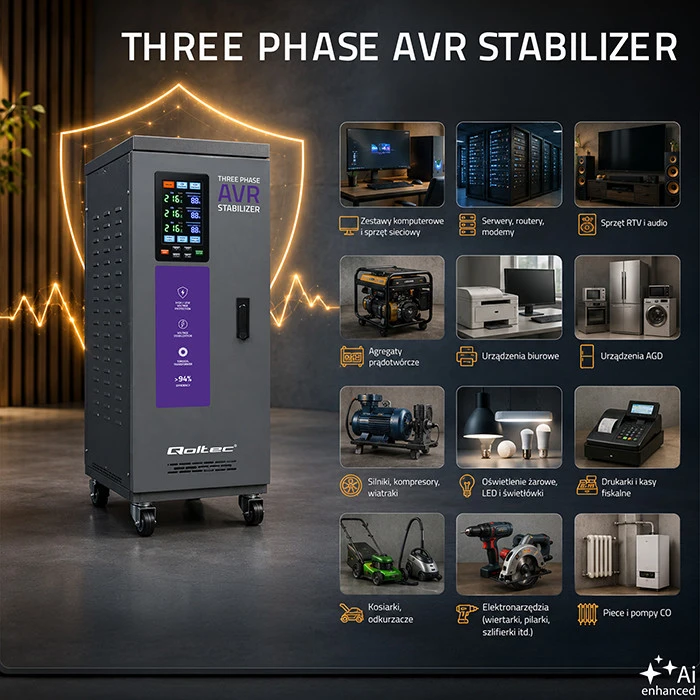 Qoltec Trójfazowy stabilizator napięcia AVR MULTIPROTECTION |15kVA | Dokładność ± 3% | Serwomotor 3F | LCD | Expert Line