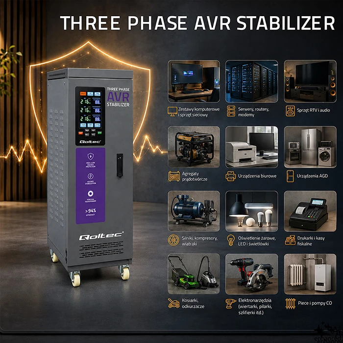 Qoltec Trójfazowy stabilizator napięcia AVR MULTIPROTECTION | 40kVA | Dokładność ± 3% | Serwomotor 3F | LCD | Expert Line