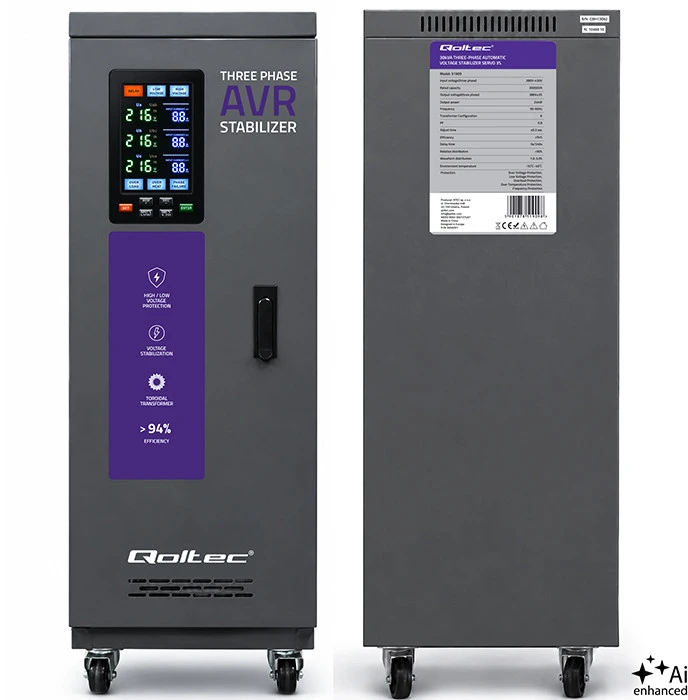 Qoltec Trójfazowy stabilizator napięcia AVR MULTIPROTECTION | 30kVA | Dokładność ± 3% | Serwomotor 3F | LCD | Expert Line