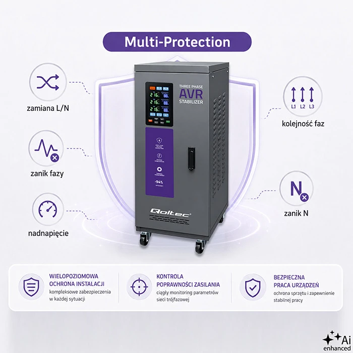 Qoltec Trójfazowy stabilizator napięcia AVR MULTIPROTECTION | 20kVA | Dokładność ± 3% | Serwomotor 3F | LCD | Expert Line