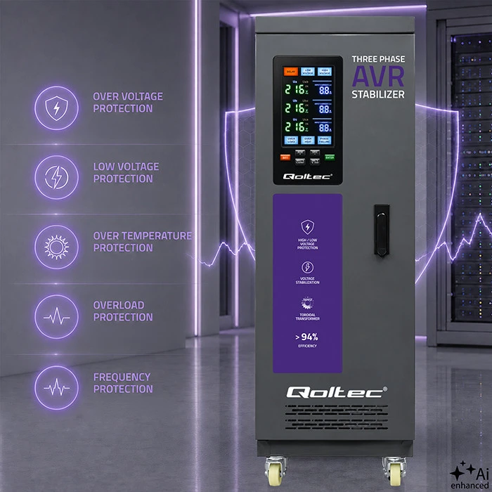 Qoltec Trójfazowy stabilizator napięcia AVR MULTIPROTECTION | 40kVA | Dokładność ± 3% | Serwomotor 3F | LCD | Expert Line