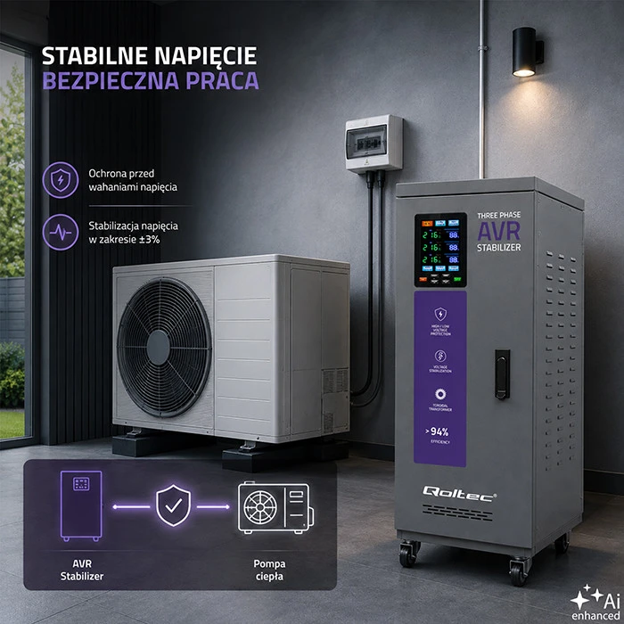Qoltec Trójfazowy stabilizator napięcia AVR MULTIPROTECTION |15kVA | Dokładność ± 3% | Serwomotor 3F | LCD | Expert Line